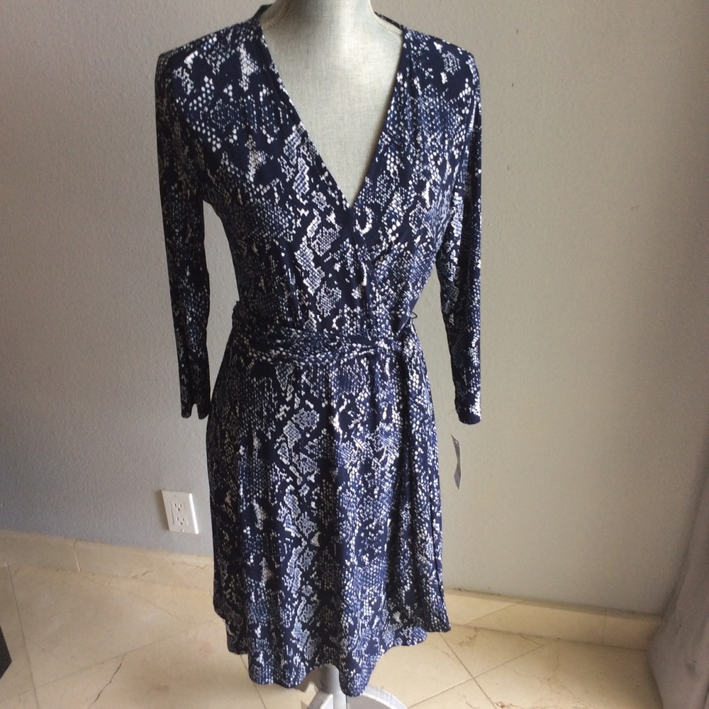 INC Navy snake print, faux wrap 3/4 sleeve